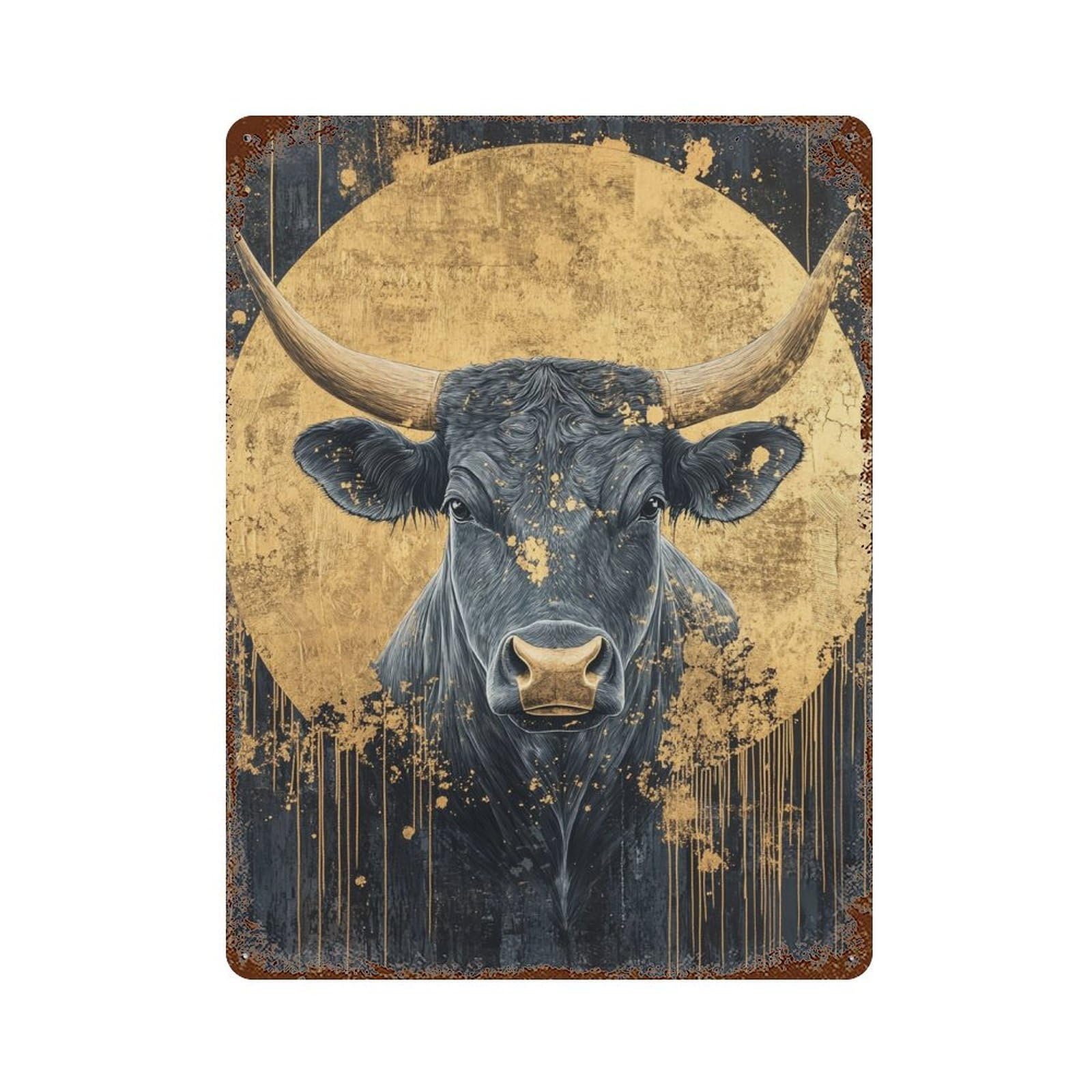Garage Style Golden Bull Portrait Art Print Distressed Metal Wall Sign 15.7"x11.8", Shabby Chic Decor for Bar And Workshop