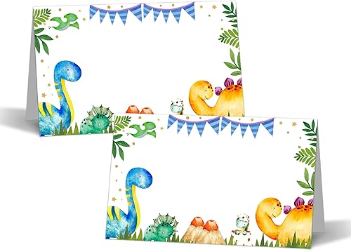 Zmyollo Tarjetas de mesa de dinosaurio 25 tarjetas de tienda de campaña Etiquetas de comida con temática de dinosaurios tropicales Tarjetas de