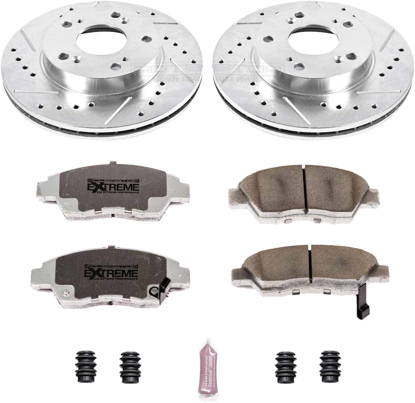 PowerStop Front Brake Kit For Honda Civic 2006-11 - Carbon Fiber Ceramic Brake Pads + Drilled & Slotted Rotors Upgrade, K2389-26
