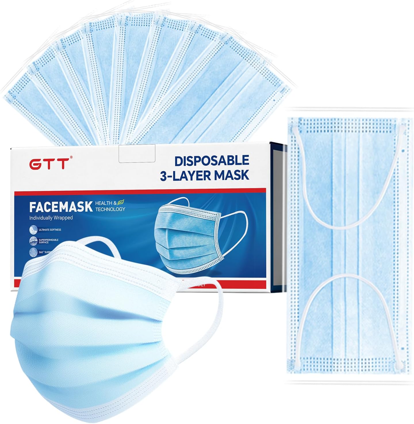 GTT ASTM Level 3 Highly Protective Disposable 3 Ply Face Masks with Individual Packaging, Breathable & Comfortable Mask