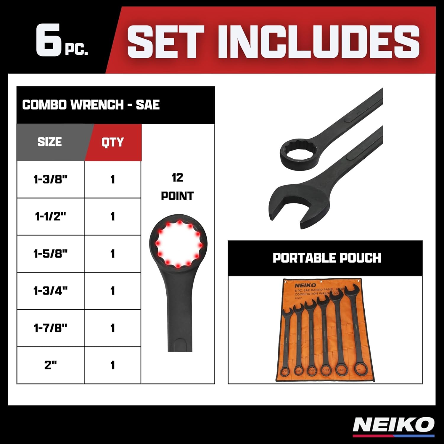 Neiko 03125A Heavy Duty Wrench Set | 6 Piece | SAE | 12-Pt Combination Box Ends