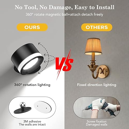 Miniatura 5 de Shuniu Juego de 2 lámparas LED de pared, apliques de pared recargables con control remoto, 3 temperaturas de color de brillo, bola magnética