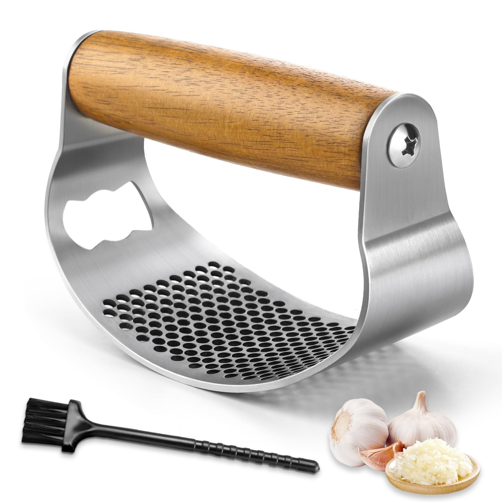 GlasFlength Wyciskarka do czosnku ze stali nierdzewnej, łopatka do czosnku, obieraczka do czosnku, rękojeść z drewna, wyciskacz do czosnku, pogrubiona prasa Garlic, kruszarka, gadżety kuchenne, łatwa