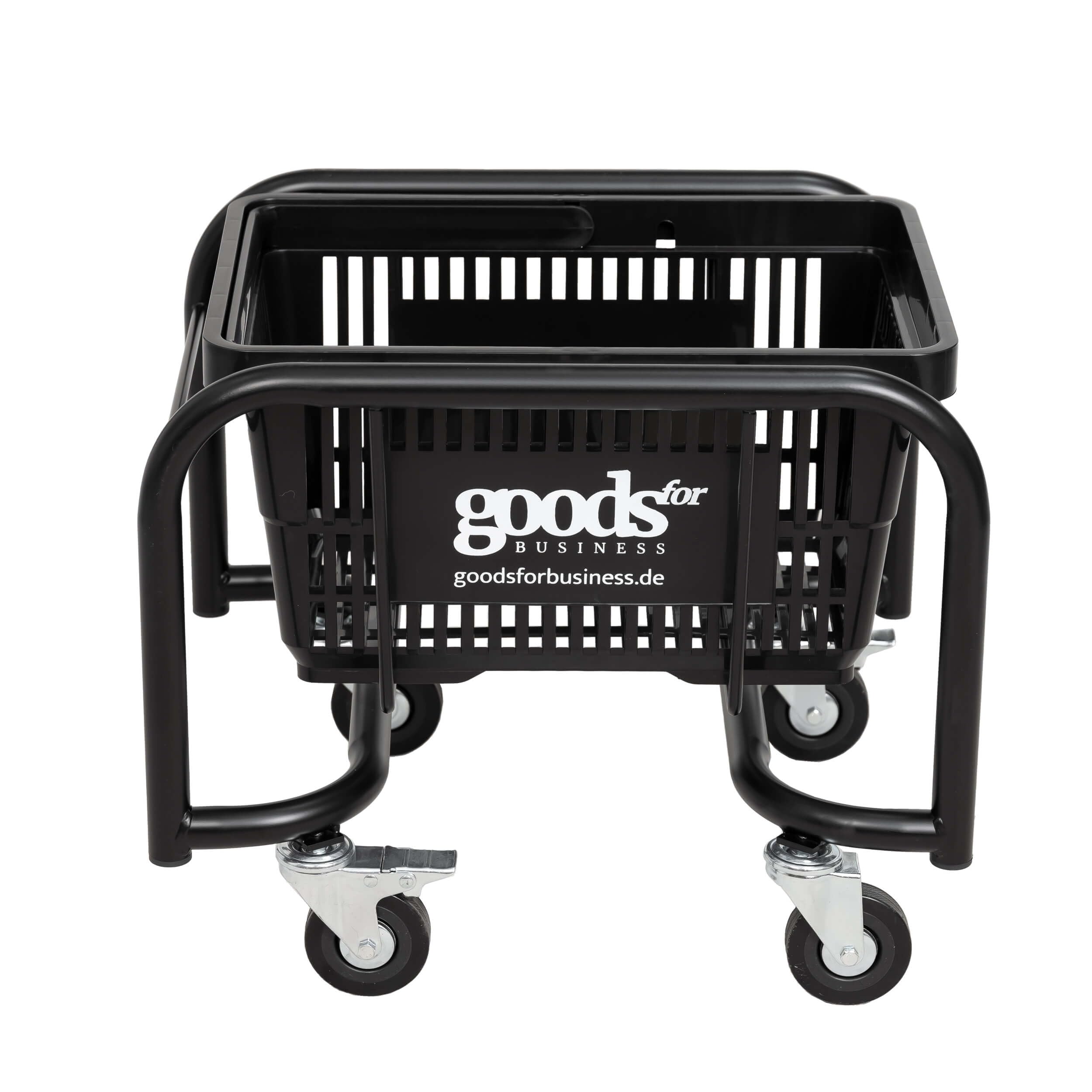 Sammelwagen mit Einkaufskörbe Schwarz 10er Set 22L | Rollbarer Korbstapelwagen in Schwarz, 10 Körbe in Schwarz mit Griff, Tragekorb Kunststoffkörbe 30kg Traglast