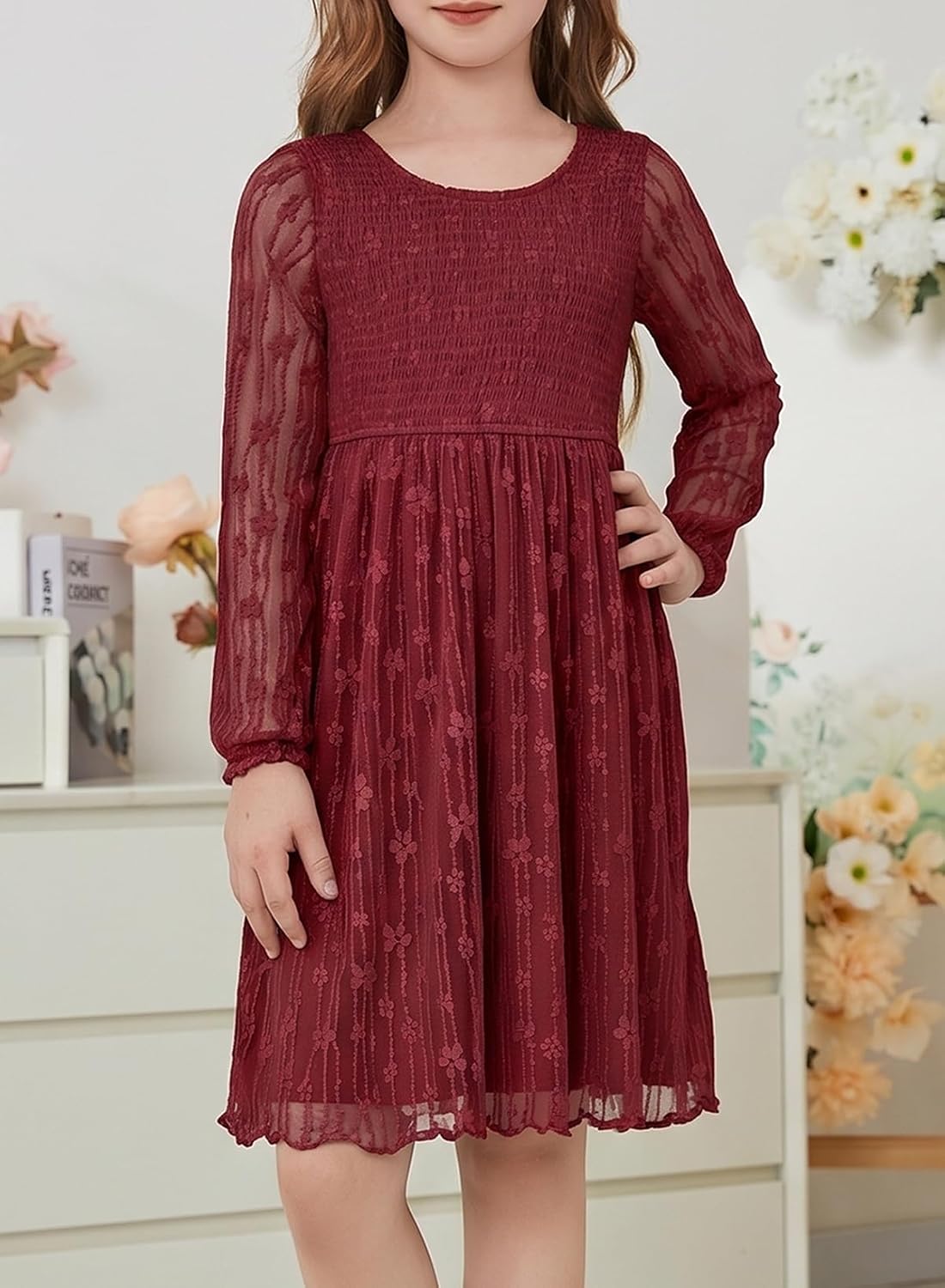 blibean Girls Fall Long Sleeve Lace Dresses Semi Formal Party Size 6-15Y