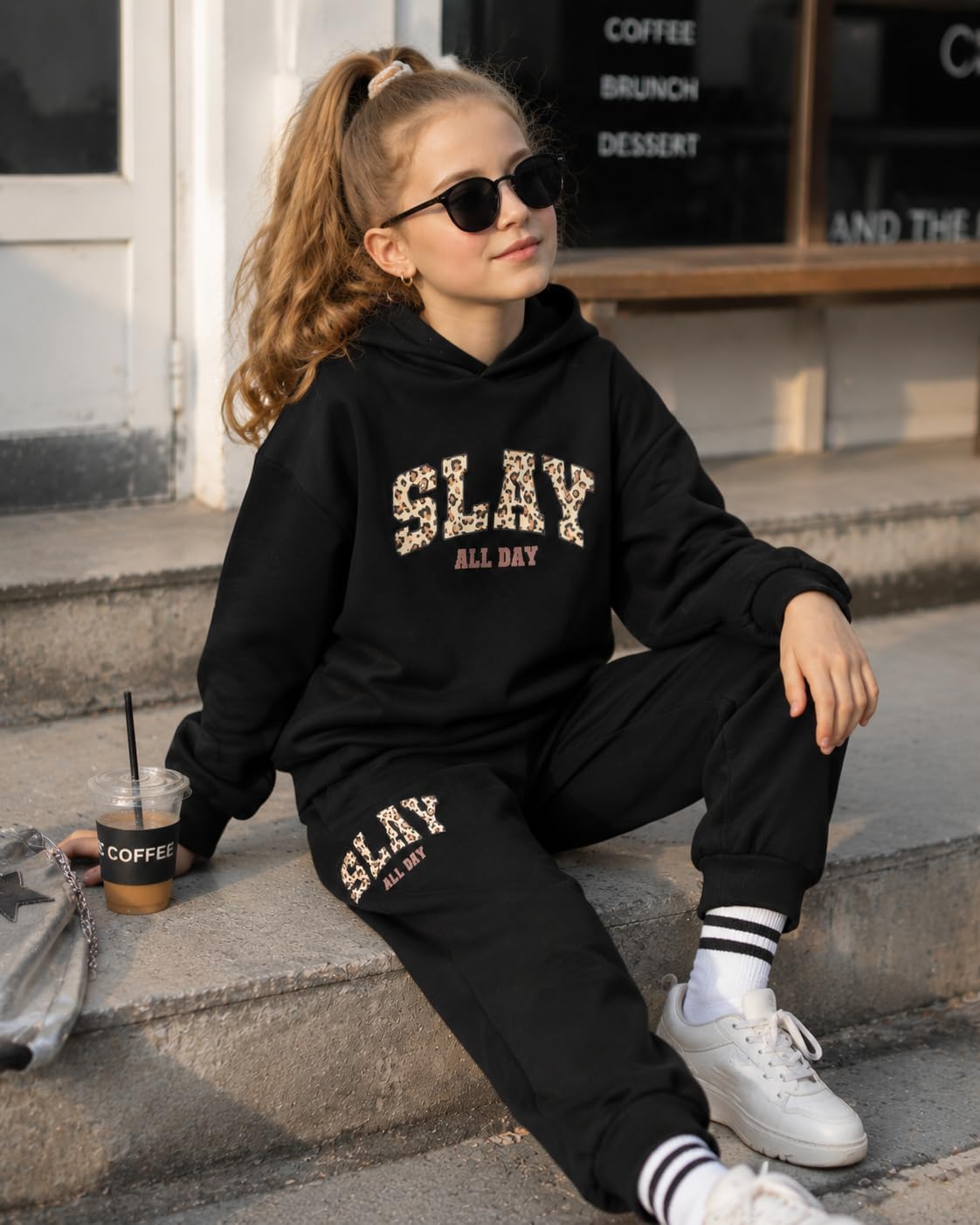 Size 7-14 Years Girls Clothes Long-sleeve Solid Hoodie Sweatshirt ＋Joggers Pants Fall Winter Outfits Set
