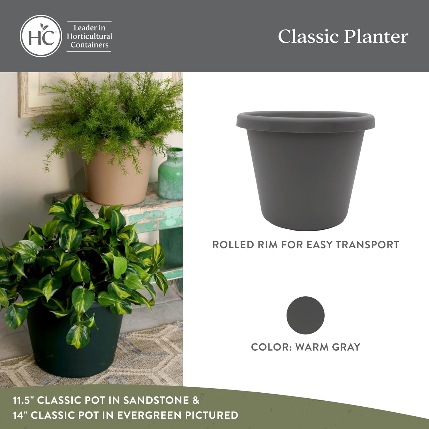 The HC Companies 11.5 Inch Classic Round Planter Pots with Drainage, Rolled Rim Plastic Planters for Indoor & Outdoor Plants, 2-Pack Decorative Flower Pots for Garden, Office & Home Decor, Warm Gray