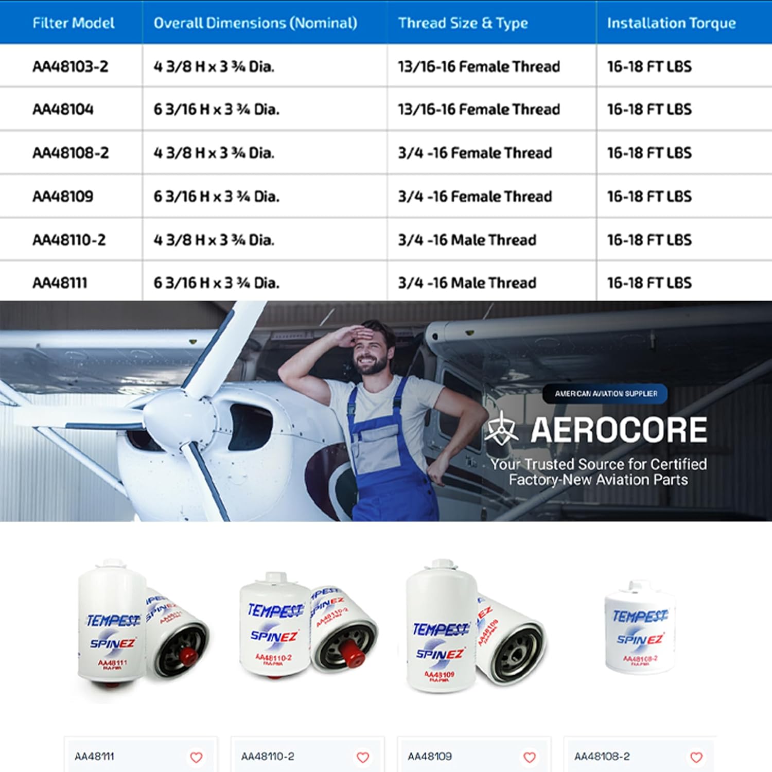 Tempest AA48109 Aviation Spin-On Oil Filter – FAA8130-3 Full Traceability, Easy‑Remove Seal, SPIN EZ Coating, Aerocore High Capacity, FAA‑PMA Certified, ENGINE, AIRPLANE