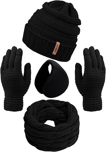 Aneco Winter Warm Sets Knitted Scarf Beanie Hat Touch Screen Gloves and Winter Ear Warmer for Men or Women