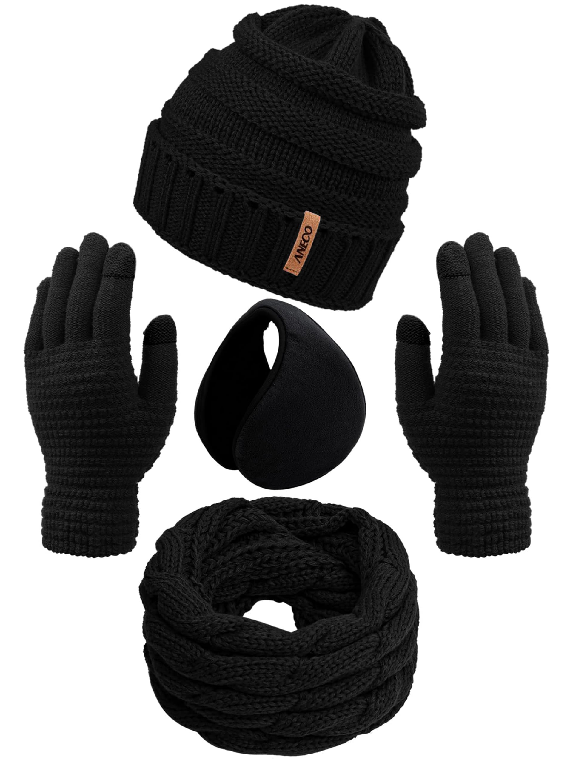 Aneco Winter Warm Sets Knitted Scarf Beanie Hat Touch Screen Gloves and Winter Ear Warmer for Men or Women