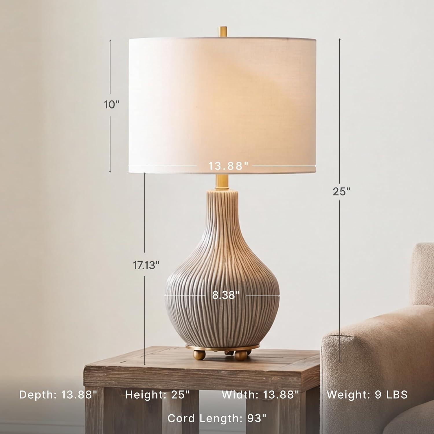 Signature Design by Ashley Table Lamp, 25 in Gourd, 3-Way Switch, Gray | Artisan gourd base with goldtone feet, Preassembled cotton drum shade with 3-way switch and 93-inch cord, Judlen Series