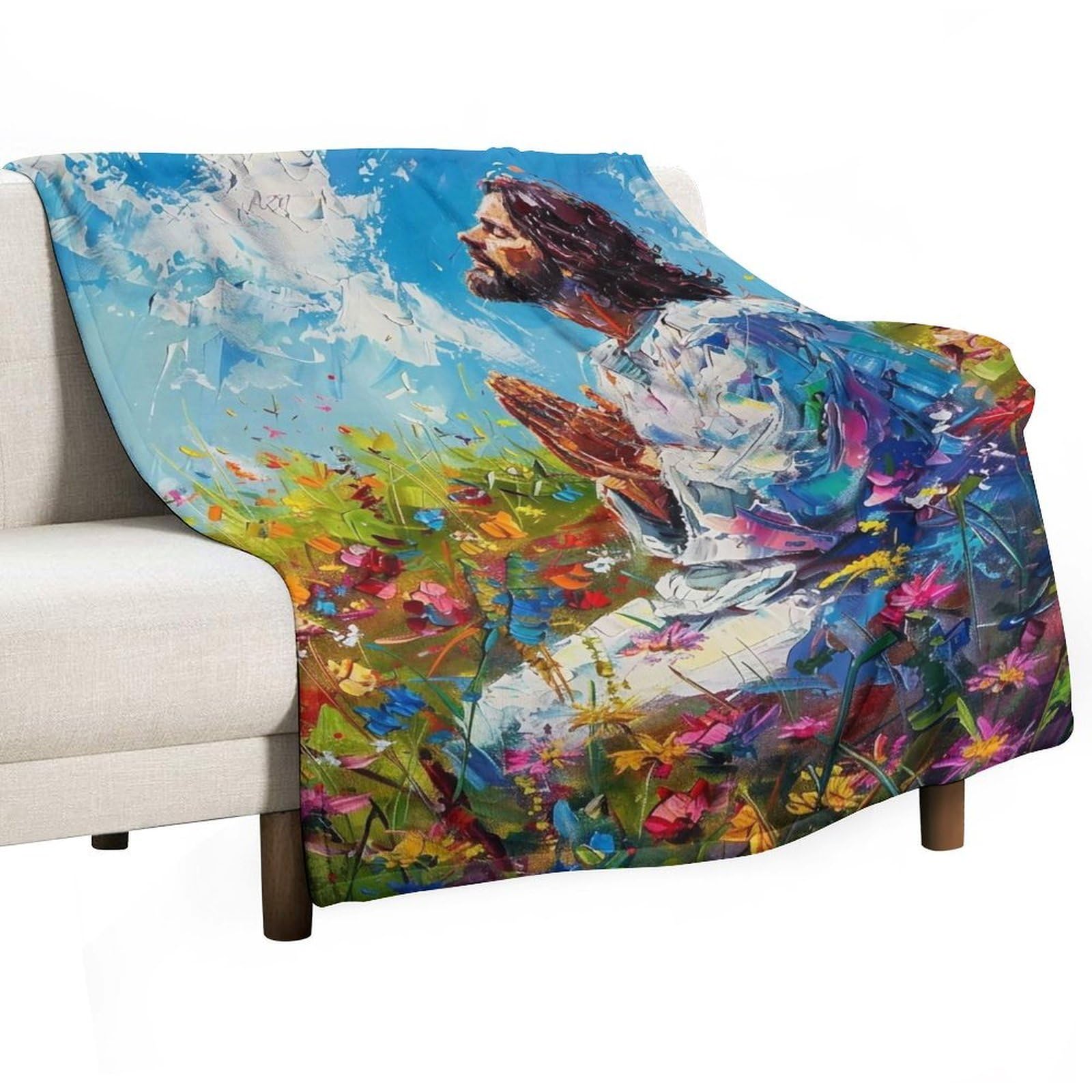 YHGSREUOH Jesus in Wildflower Field 02 Flannel Blankets Fleece Soft Throw Lightweight Plush Gifts for Couch, Bed, Cozy Sofa Plush, Chair, Lovers 150x200cm(60x80in)