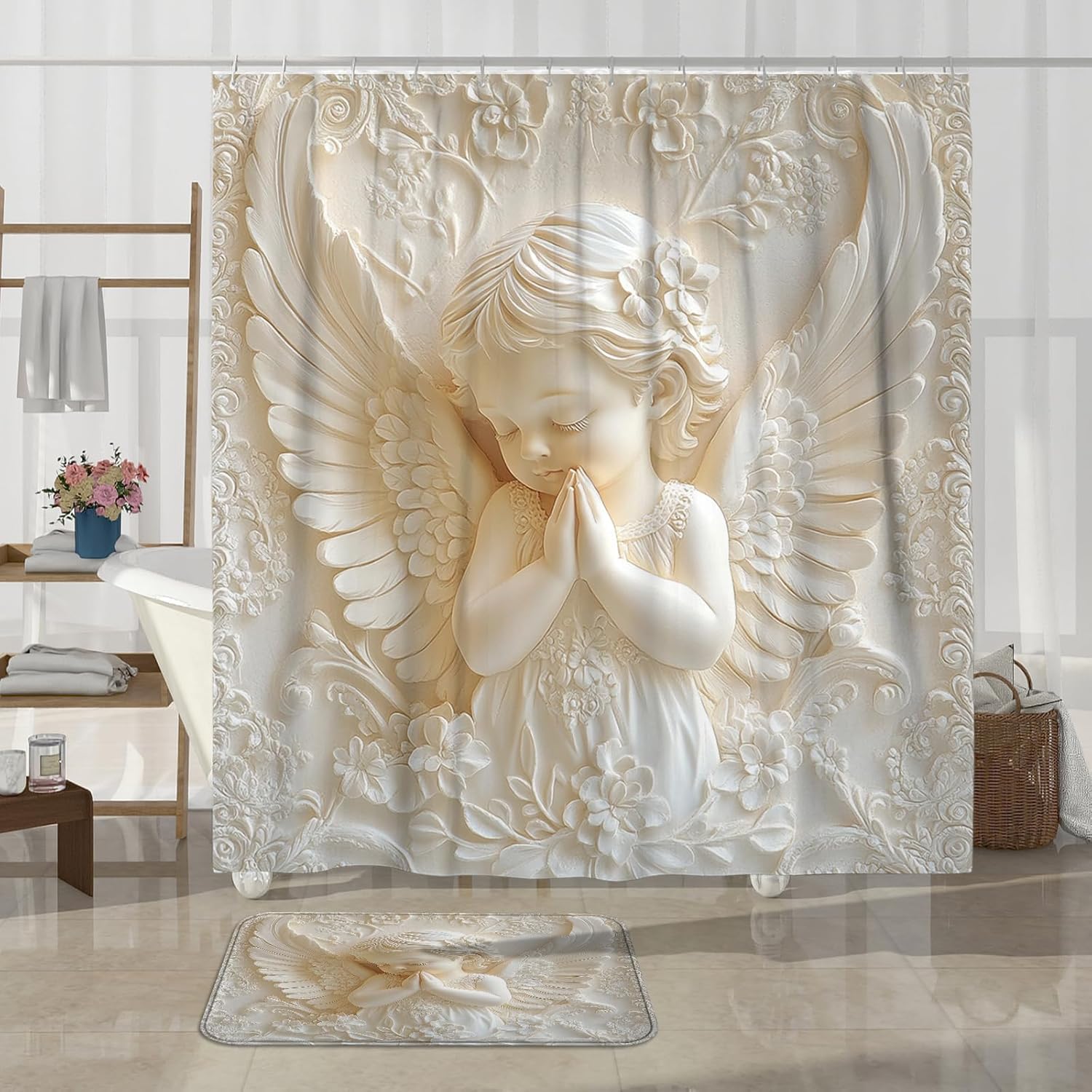 Angel Shower Curtain, Beige White 3D Angel Decor Shower Curtain Sets for Bathroom Decor, Spring Summer Modern Minimalistic Waterproof Fabric Shower Curtain Set with Rugs and Hooks 72x72 Inch