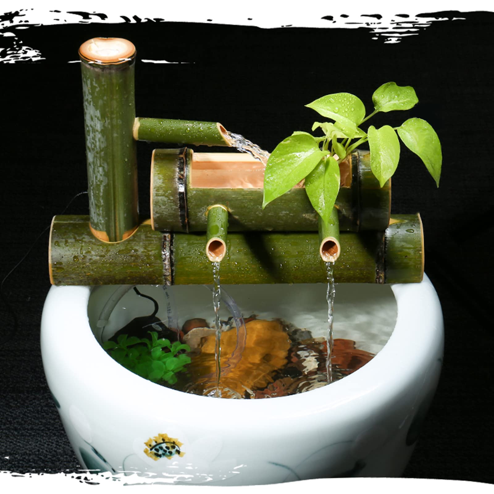 Fontana d'acqua in bambù con pompa per esterni, decorazione per laghetto, 100% fatta a mano, per interni ed esterni, creativa, 40 cm