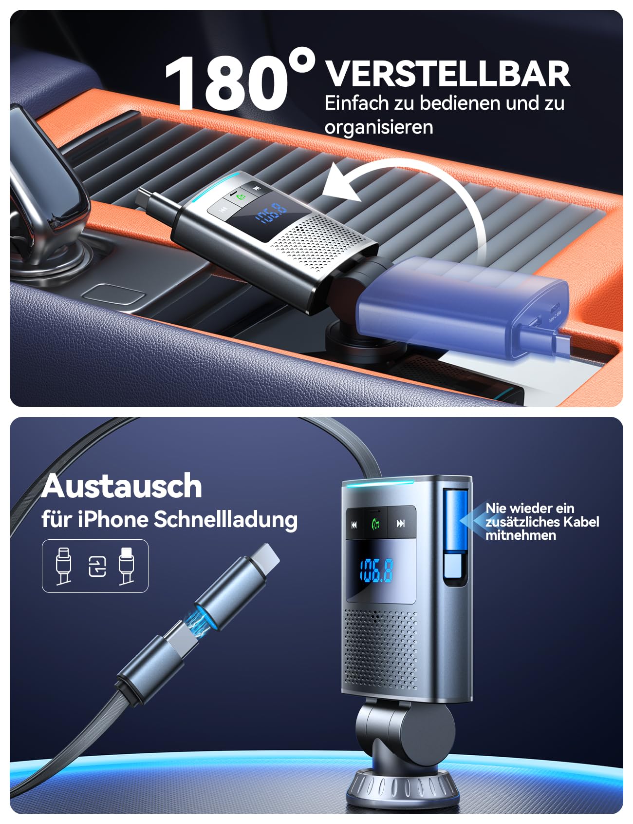 JOYROOM 90W Transmetteur FM Bluetooth Voiture,【100cm Rétractable Câble】 2026 Allume Cigare USB C & Autoradio Bluetooth 5.4 avec Kit Mains Libres, Accessoire Voiture Interieur pour iPhone 17