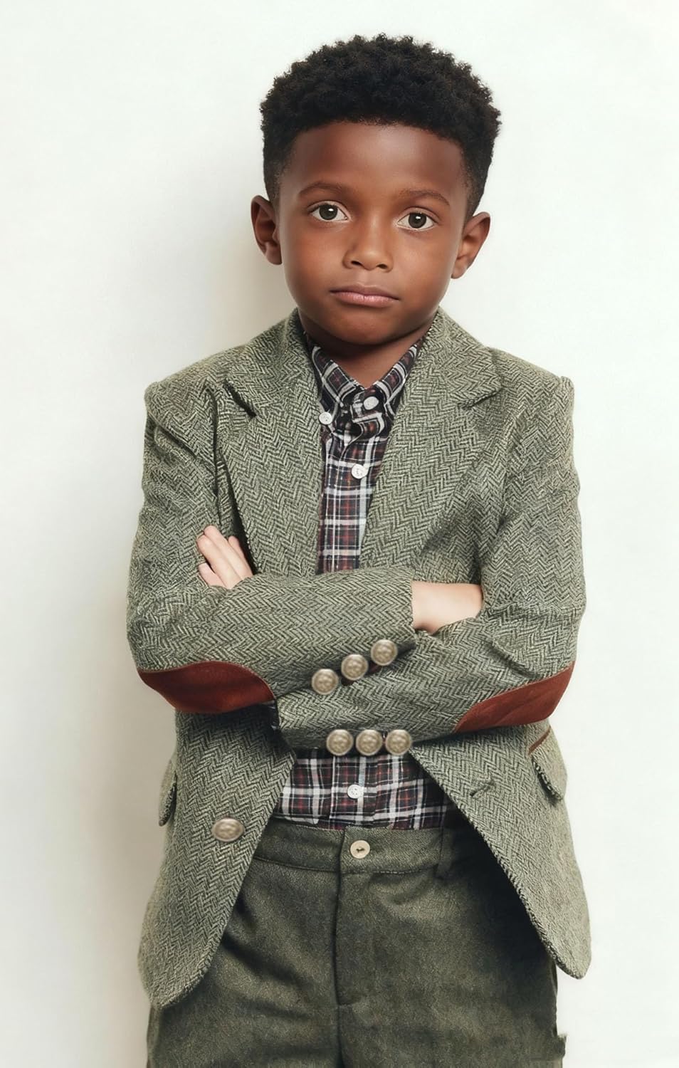 VENNYNG Boys Tweed Blazer Jacket with Elbow Patches Kids Short Trench Coat Vintage Coat