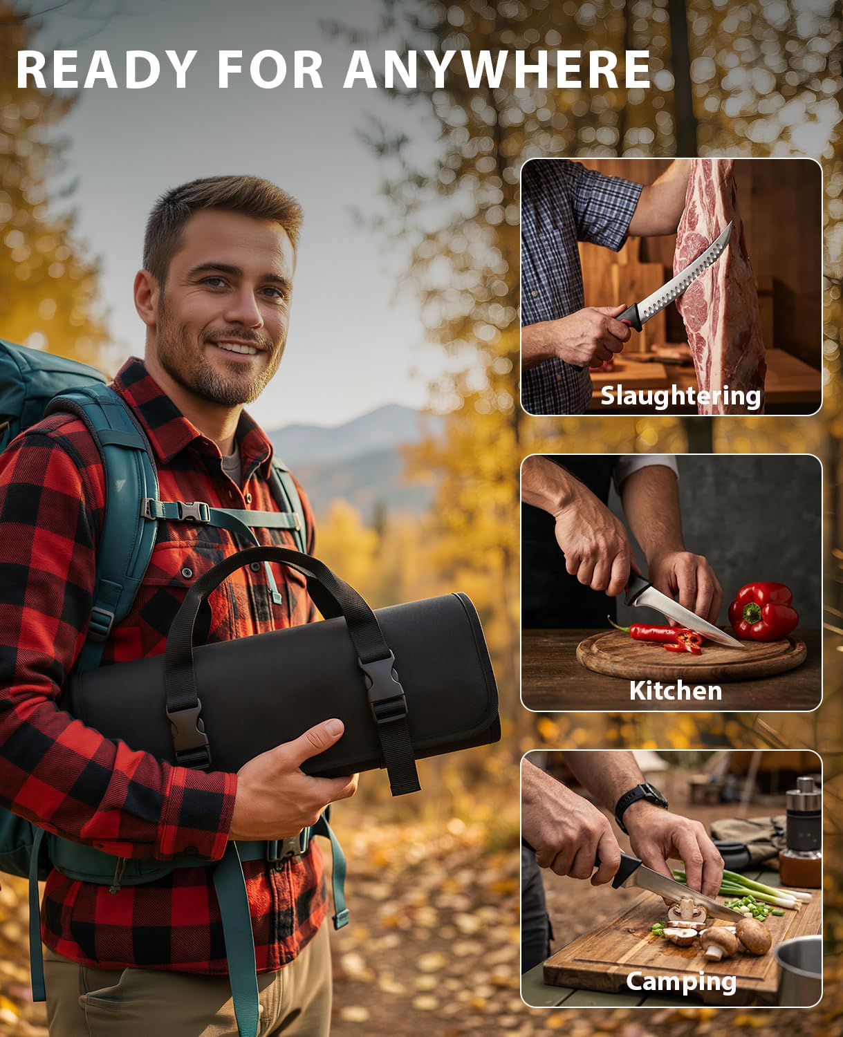 MOSFiATA Set Coltelli Macellaio con Borsa Trasporto: Coltello Prosciutto 30cm, Macellaio 25cm, Disossatore 15cm, Acciaino Affilatore, Ideale per Uso Domestico Cucina e Barbecue All’Aperto