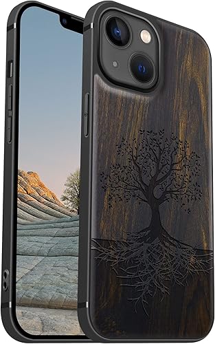 Carveit Funda magnética de madera para iPhone 13 Mini, madera real dura y TPU suave negro, funda protectora a prueba de golpes, funda de madera