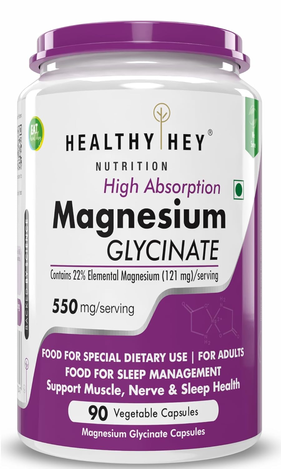 HealthyHey Nutrition Magnesium Glycinate High Absorption for Sleep, Cramps, & Nerves Health – 90 Vegetable Capsules HealthyHey Nutrition Magnesium Glycinate High Absorption for Sleep, Cramps, & Nerves Health – 90 Vegetable Capsules