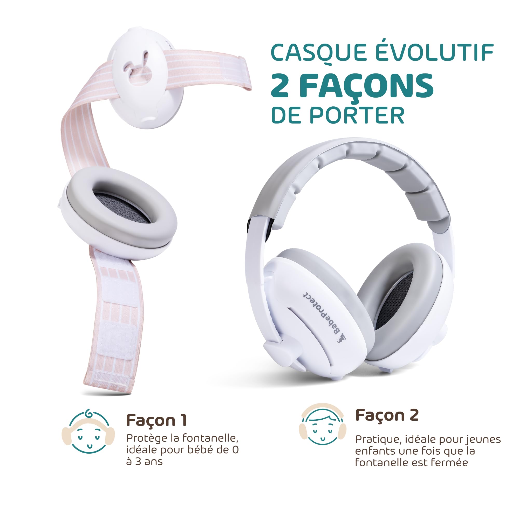 Babeprotect - Casque Anti Bruit Bébé Beige 2 en 1 - Protection Auditive Certifiée CE 25 dB - Réglable et Confortable - Sommeil Amélioré - Idéal Avion, Fêtes, Déplacements - 0 à 48 Mois -
