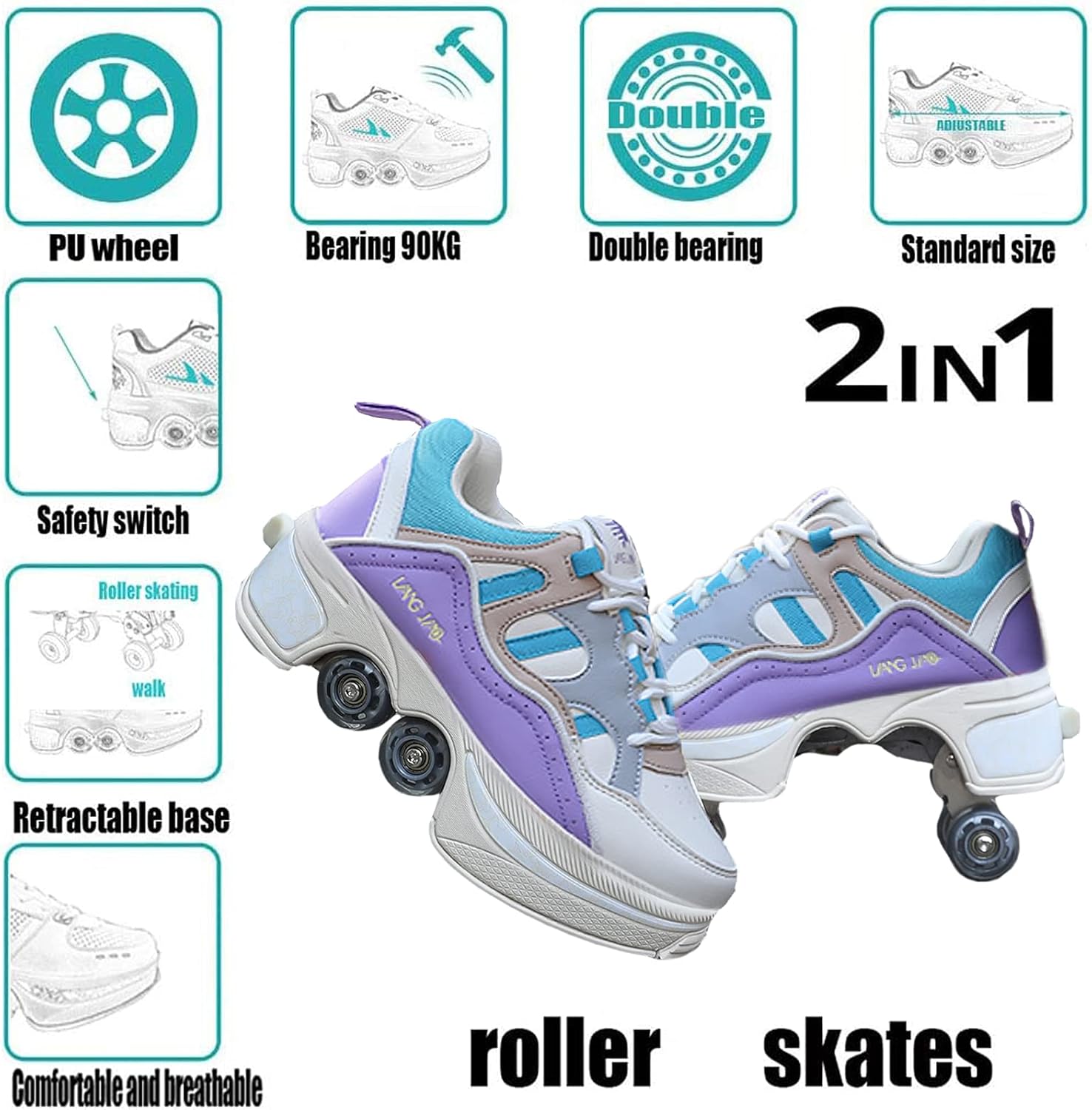 Roller Skates/2 in 1Multifunctional Roller Skates Shoese/Deformation Invisible Roller Skate Automatic Walking Shoes.Suitable for Outdoor Sports Roller Skates for Boys, Girls and Adults