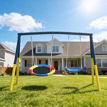 32" Saucer Swing with Traditional Belt Swing Set, Heavy-Duty A-Frame Metal Swing Stand for Backyard, Outdoor Play Equipment for Kids, Weather-Resistant, 440LBS Weight Capacity Blue & Yellow