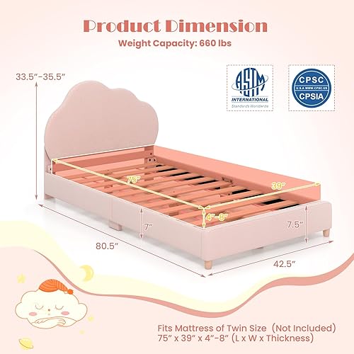 Miniatura 55 de HONEY JOY Marco de cama individual para niños, plataforma de cama individual de madera con cabecera y base de listones, no necesita somier, muebles