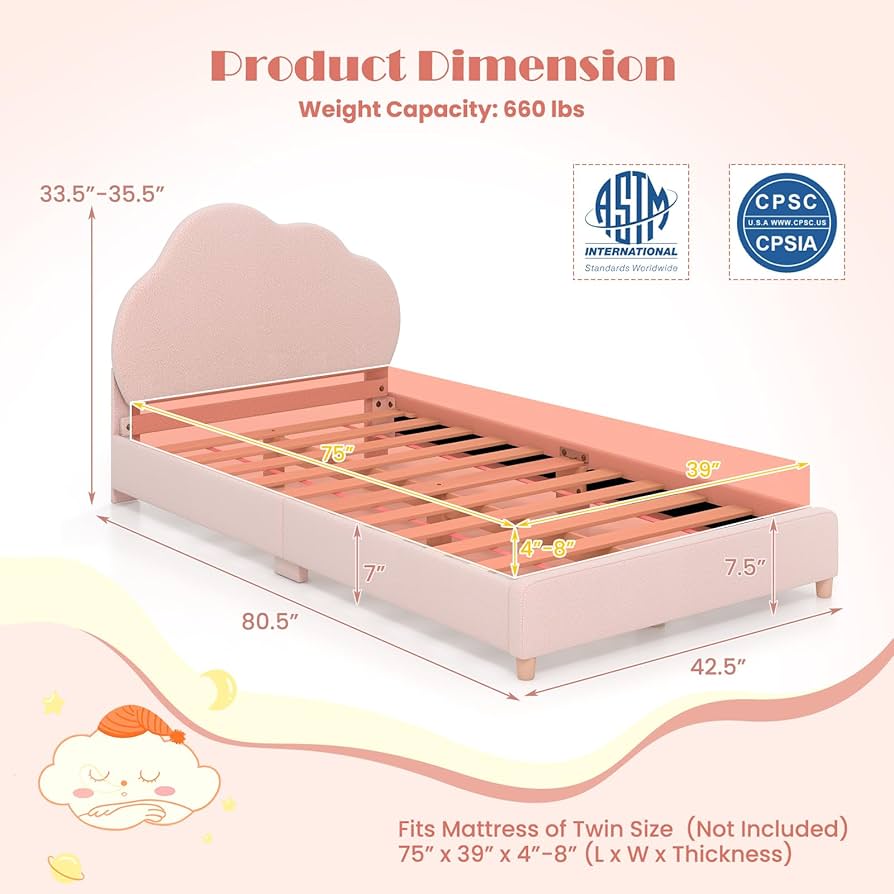 HONEY JOY Twin Bed Frames For Kids, Toddler Wooden Twin Bed Platform W/Headboard & Slat Base, No Box Spring Needed, Children Bedroom Furniture For Boys Girls, Fits Standard Twin Mattress, Strawberry