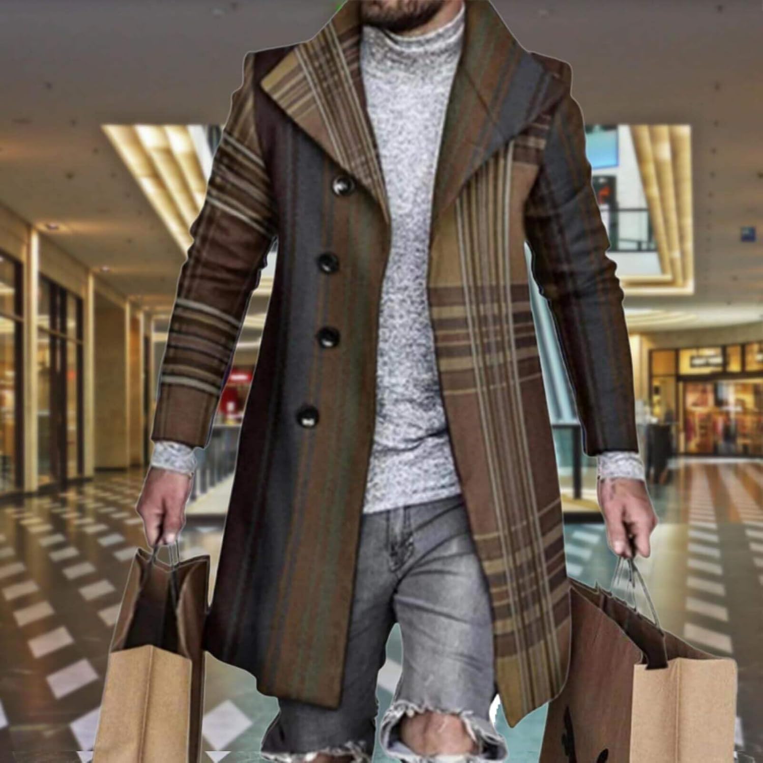Men's Plaid Long Trench Coat Mid - Length Lapel Collar Button Down Warm Overcoat for Winter & Autumn Fashion - Image 2
