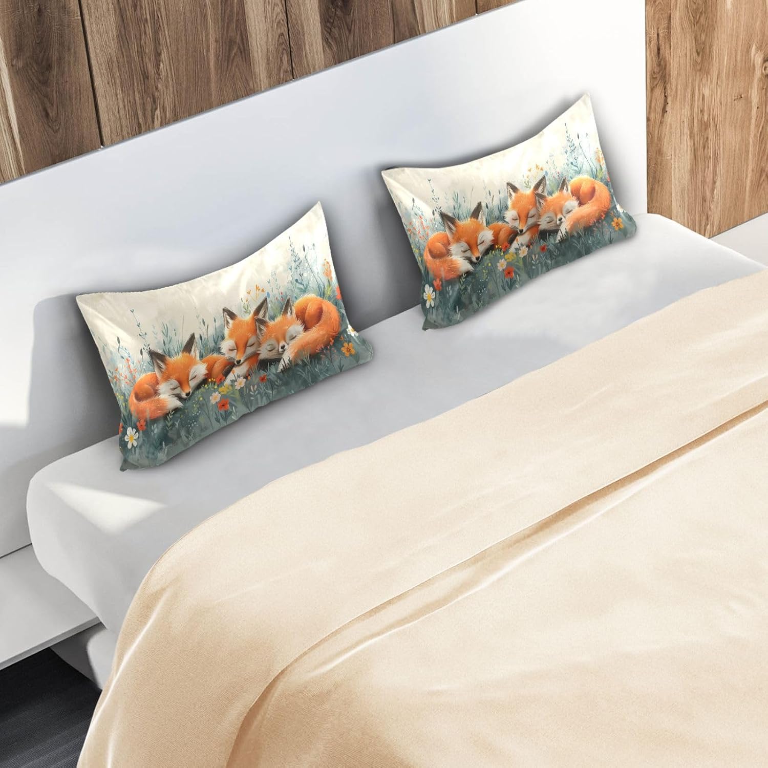 Cartoon Cute Fox Satin Pillowcase, Smooth and Cool Silk Pillow Case, Soft and Breathable Envelope Closure Silk Pillowcase for Hair and Skin,Standard Size 20 x 26in