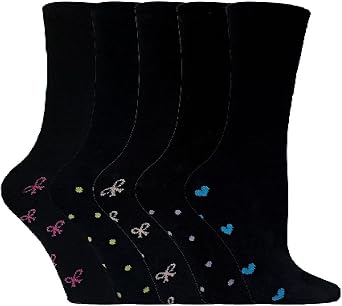 Sock Snob - 5 Pairs Mulitpack Womens/Ladies Black Cotton Socks with Heart & Pink Bows Colour Motif Size 4-7