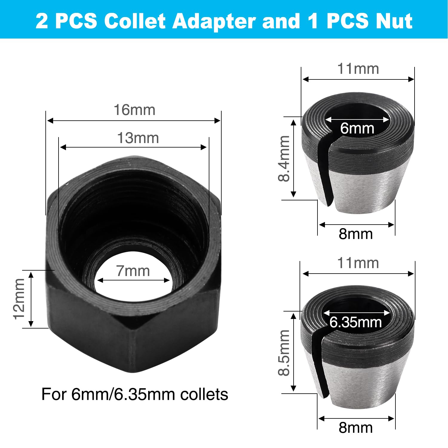 VooGenzek 2 PCS 6mm / 6.35mm Router Collet Chuck, Router Bit Collet Chuck, Trimmer Collet Adapter with Nut - Image 2