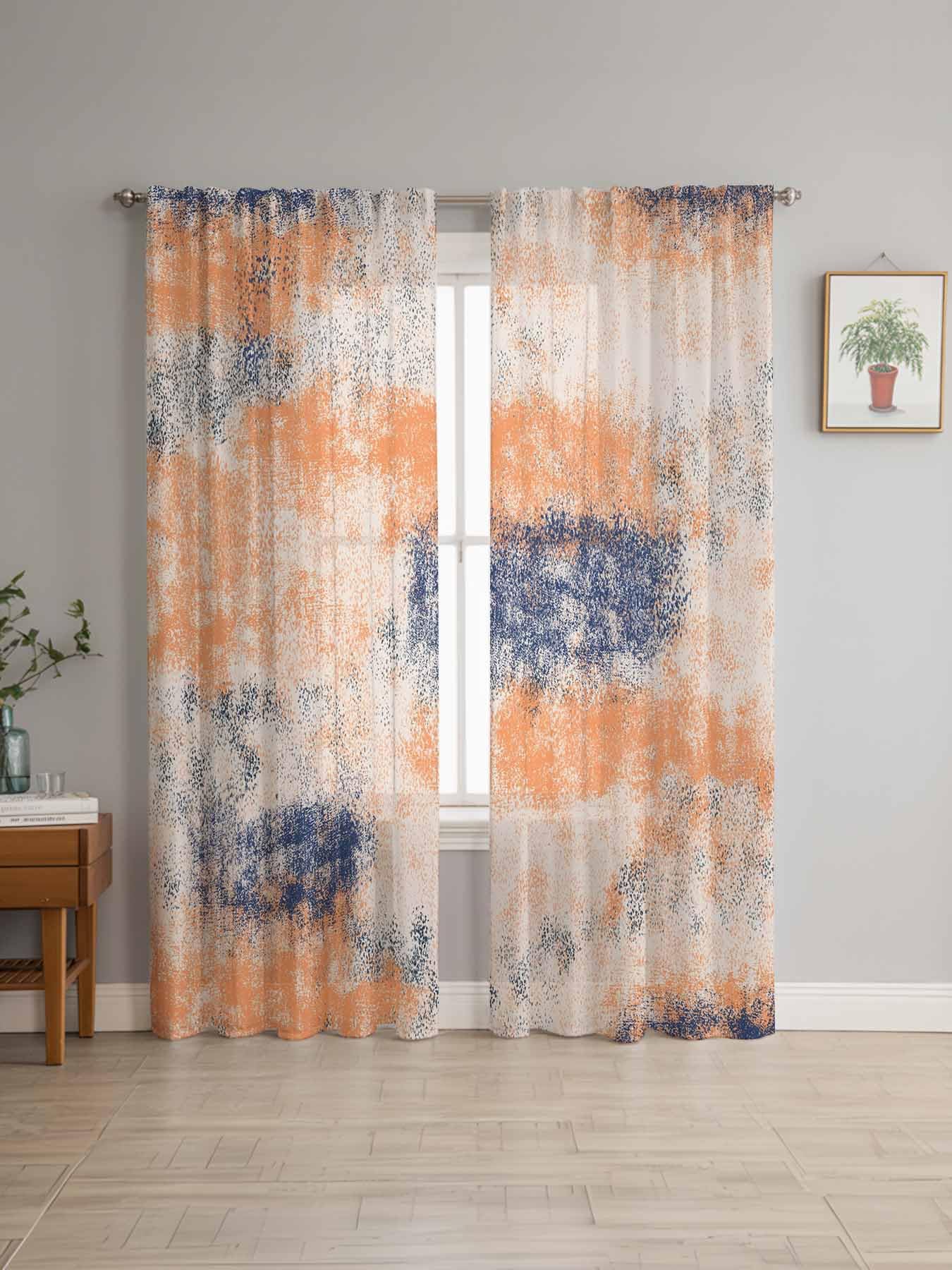 Hokiten Orange and Blue Sheer Curtains Set of 2 Curtain Panels 52 x 63 inch, Orange Smear Abstract Art Painting Rod Pocket Semi-Sheer Curtain, Silky