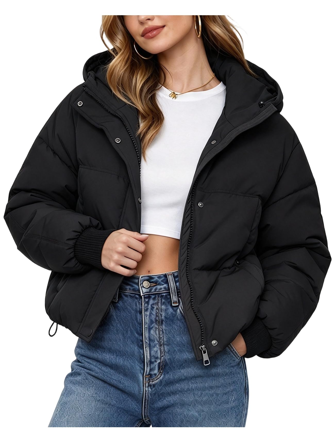 Womens Cropped Puffer Jacket Hooded Winter Puffer Coat