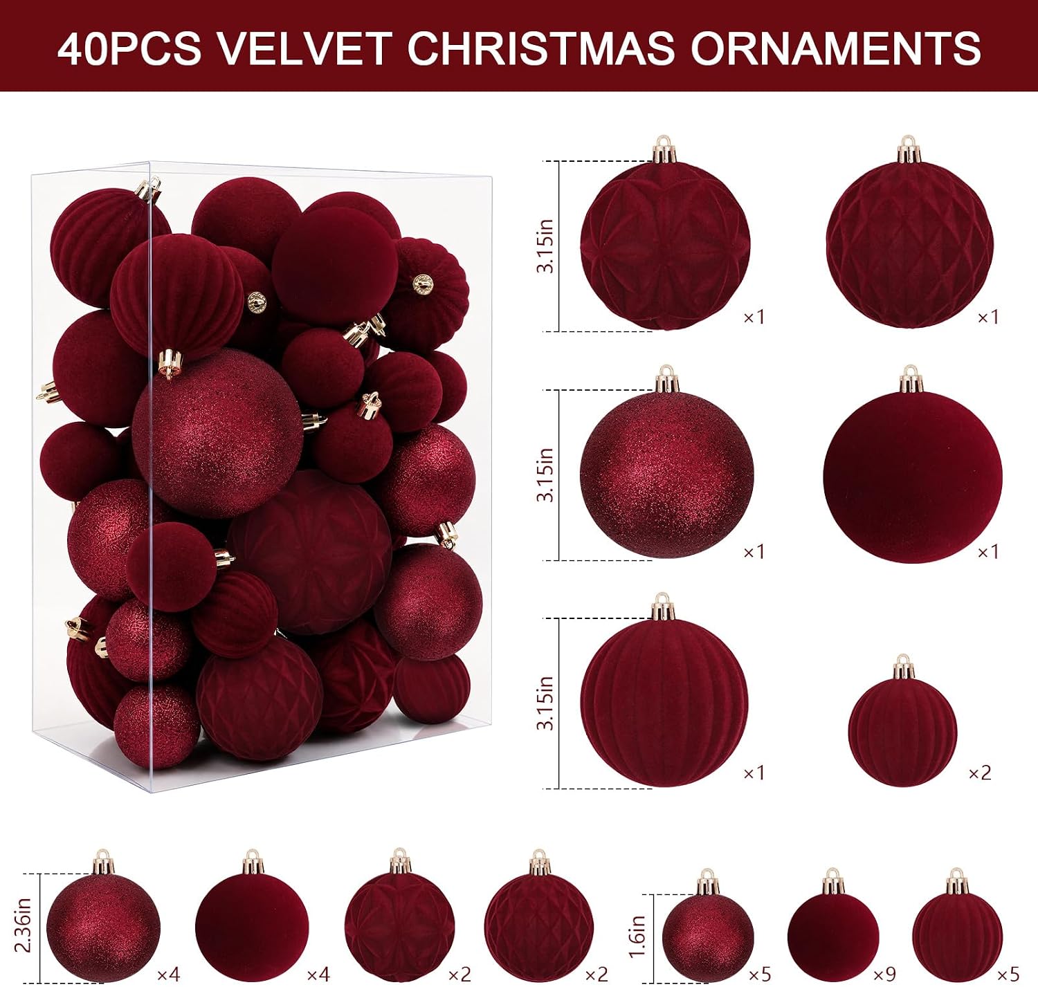 40pcs Burgundy Velvet Christmas Ball Ornaments, Red Velvet Ornaments