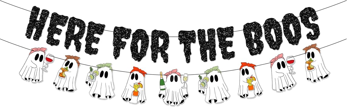 Halloween Ghost Party Banner, Here for the Boos Glitter Banner with Boo Garland for Halloween Party Decoration