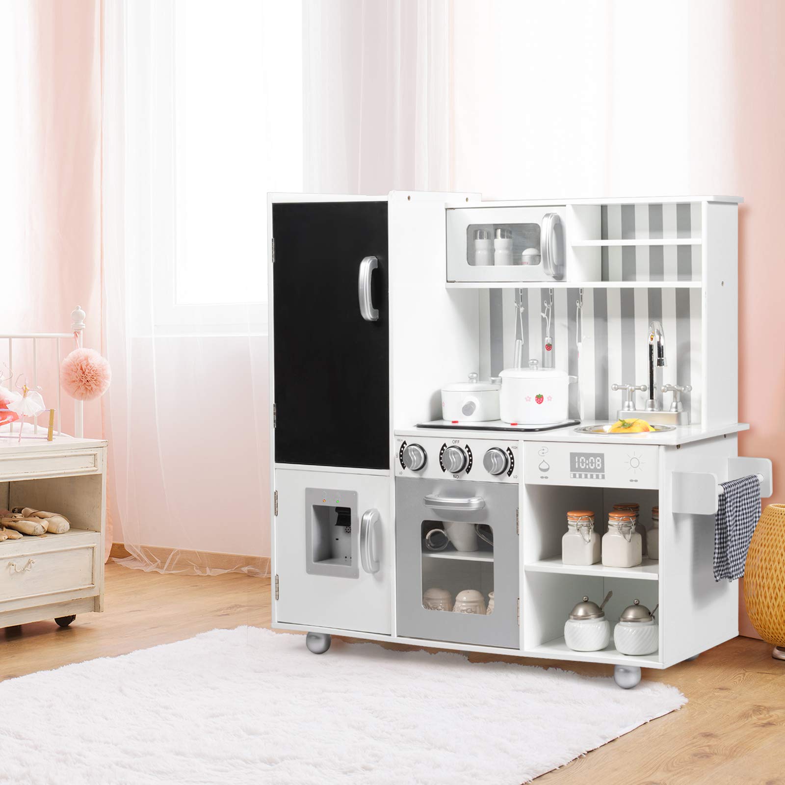 COSTWAY Cucina Giocattolo per Bambini, Cucina per Bambini con Suoni, Lavagna, Lavello, Piano Cottura e Vari Scomparti, 3 Anni+