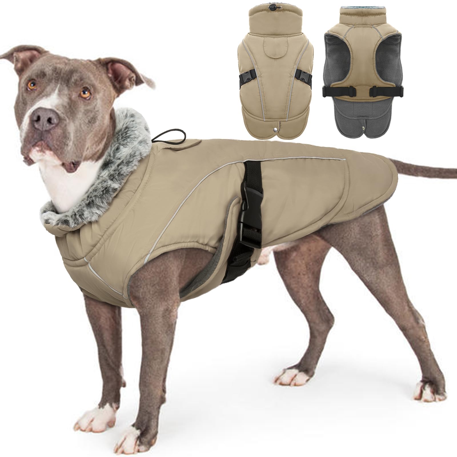 PUMYPOREITY Cappotto Invernale Impermeabile per Cani di Taglia Grande, Riflettente, Foro per Guinzaglio, Khaki, 2XL