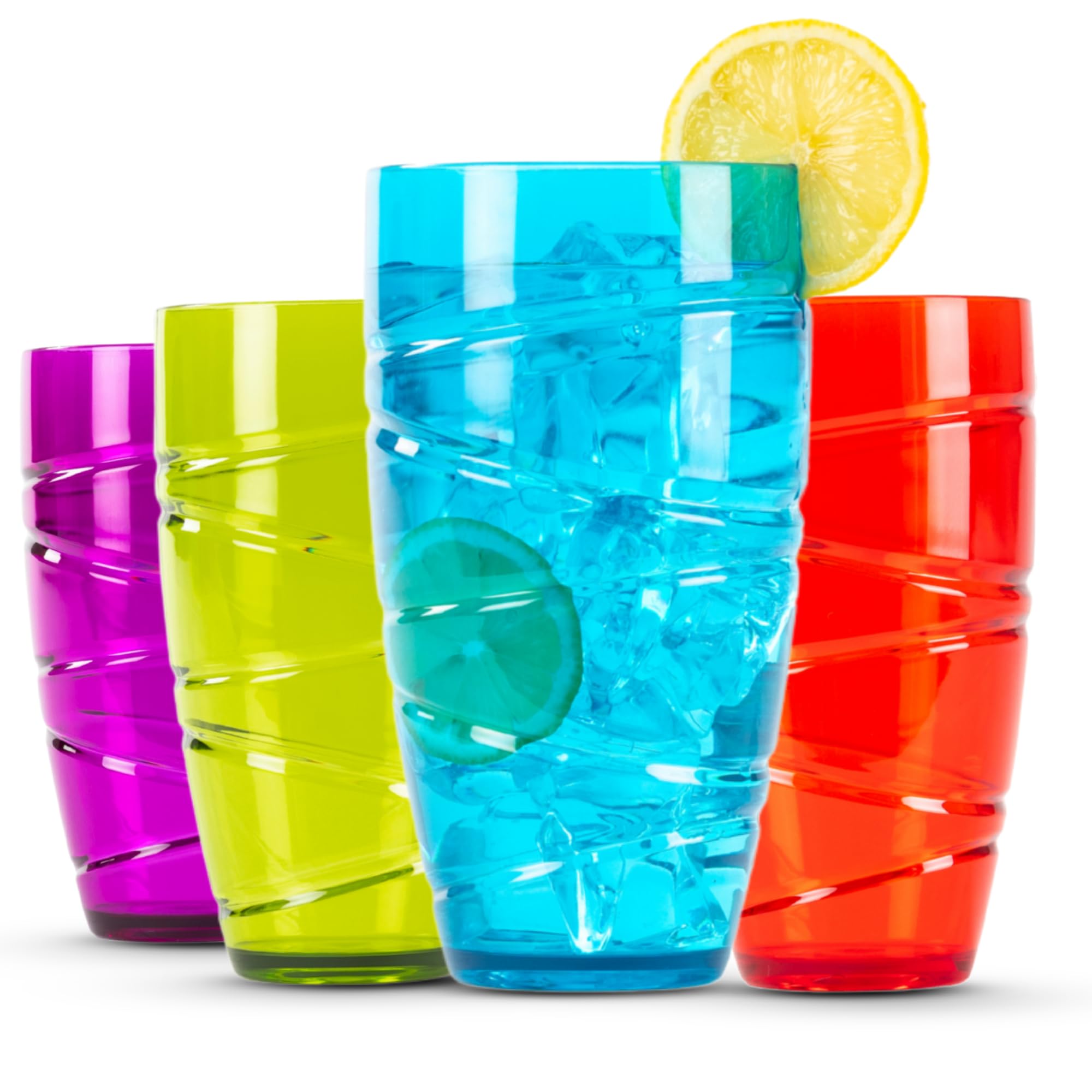 Set of 4 Hi Ball Plastic Acrylic Drink Tumblers with Swirl Design - Stackable Glasses Great for Picnics, BBQ’s, Poolside, Camping, Children’s Parties or Just Everyday Use (Set of 4, Colour)