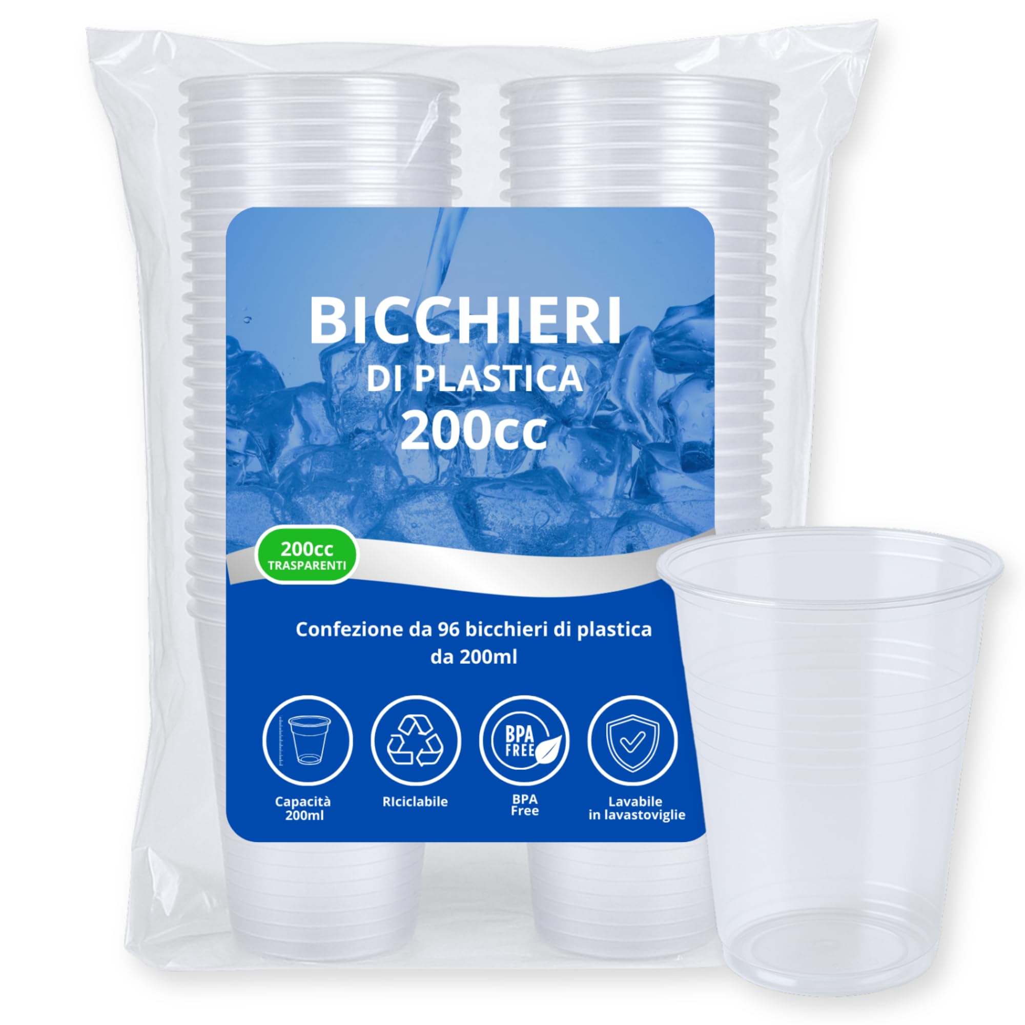 Bicchieri Plastica Trasparenti Monouso (200 ml) | 96 Pezzi Usa e Getta o Riutilizzabili fino a 50 Lavaggi | Lavastoviglie | Senza BPA | Impilabili | Acqua Cocktail Birra Feste Buffet Ufficio Catering