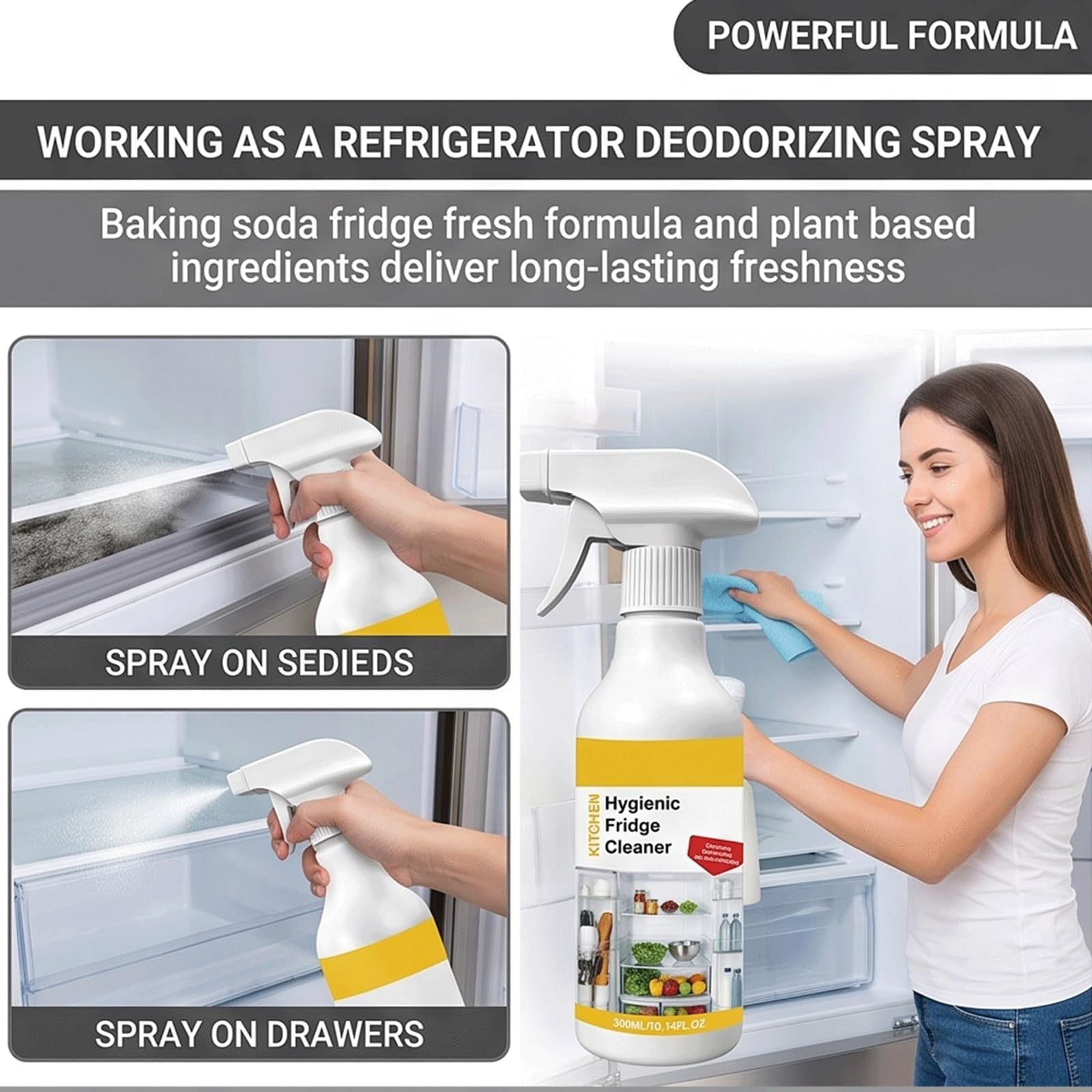 Limpiador de frigorífico en aerosol con aroma fresco de limón y limpiador de frigorífico en el interior,cocina con olor a frigorífico Nettoyant Brume,seguro para sellos y estantes de vidrio (5 piezas)