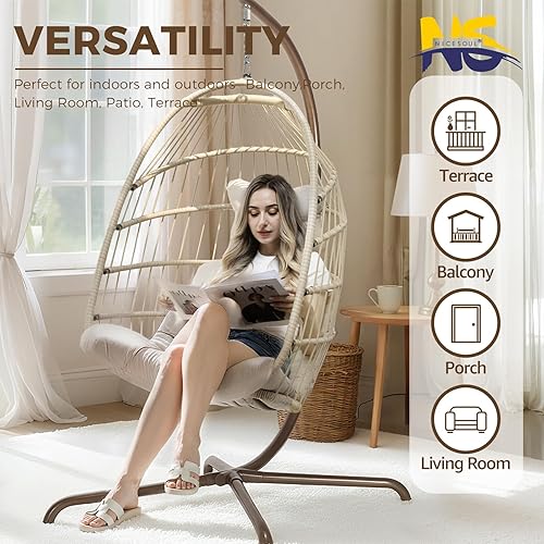 Miniatura 9 de NICESOUL Silla colgante con soporte para interiores y exteriores, cómodas sillas hamaca de ratán para patio con cojín, capacidad de 350 libras