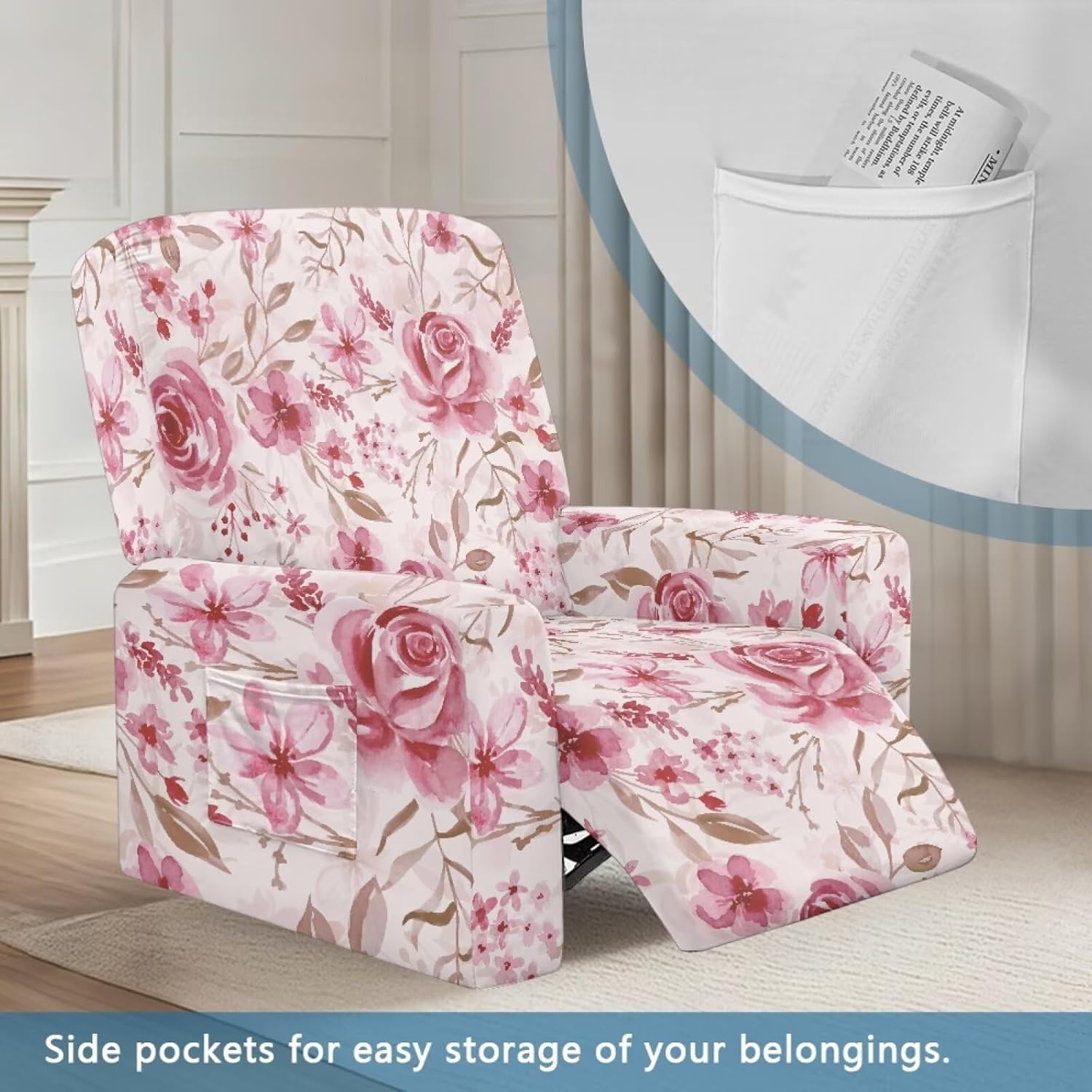Watercolor Rose Pattern Reclining Sofa Cover Single Seat, Lazyboy Chair Protective Cover with Storage Pocket, Anti Dust Wear Resistant Recliner Slipcover for Pets, Pink