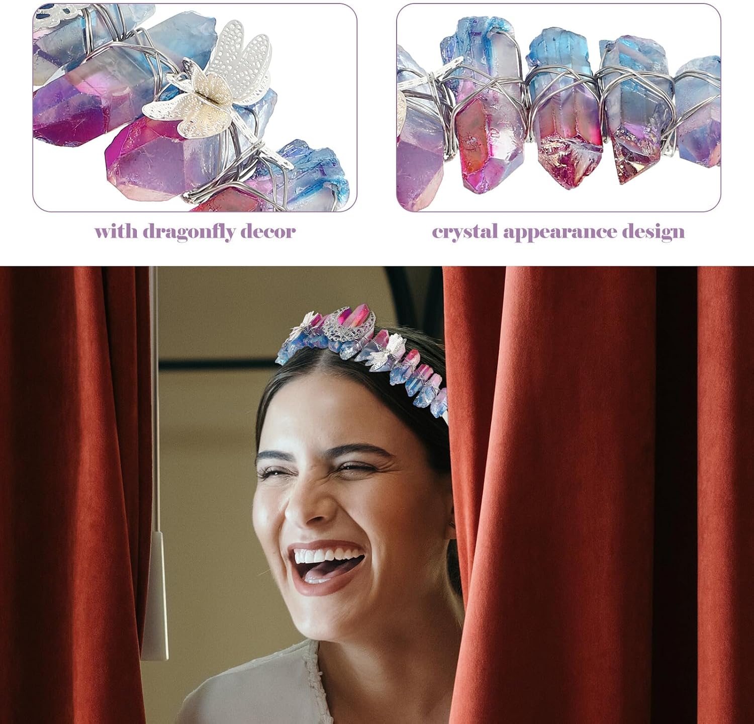 Natural Crystal Dragonfly Tiara Crown Handmade Bride Headdress Wedding Accessory Women’s Circlet
