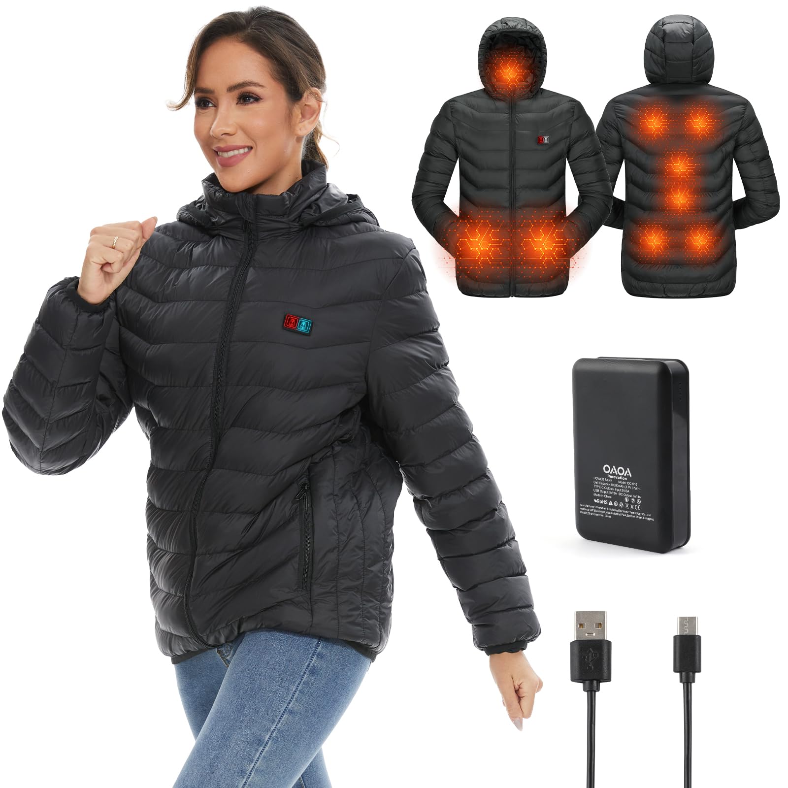 OAOA innovationHeated Jackets for Women, 9 Heating Areas With 10000mAh Power Bank,Winter Warm Outdoor Ski Coat