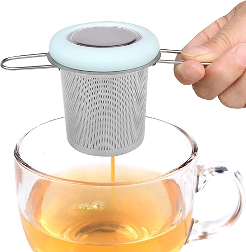 Miniatura 8 de Fenshine Infusor de té de acero inoxidable con mango plegable, filtro de té, filtro de malla extrafina, cesta de preparación con tapa para té de