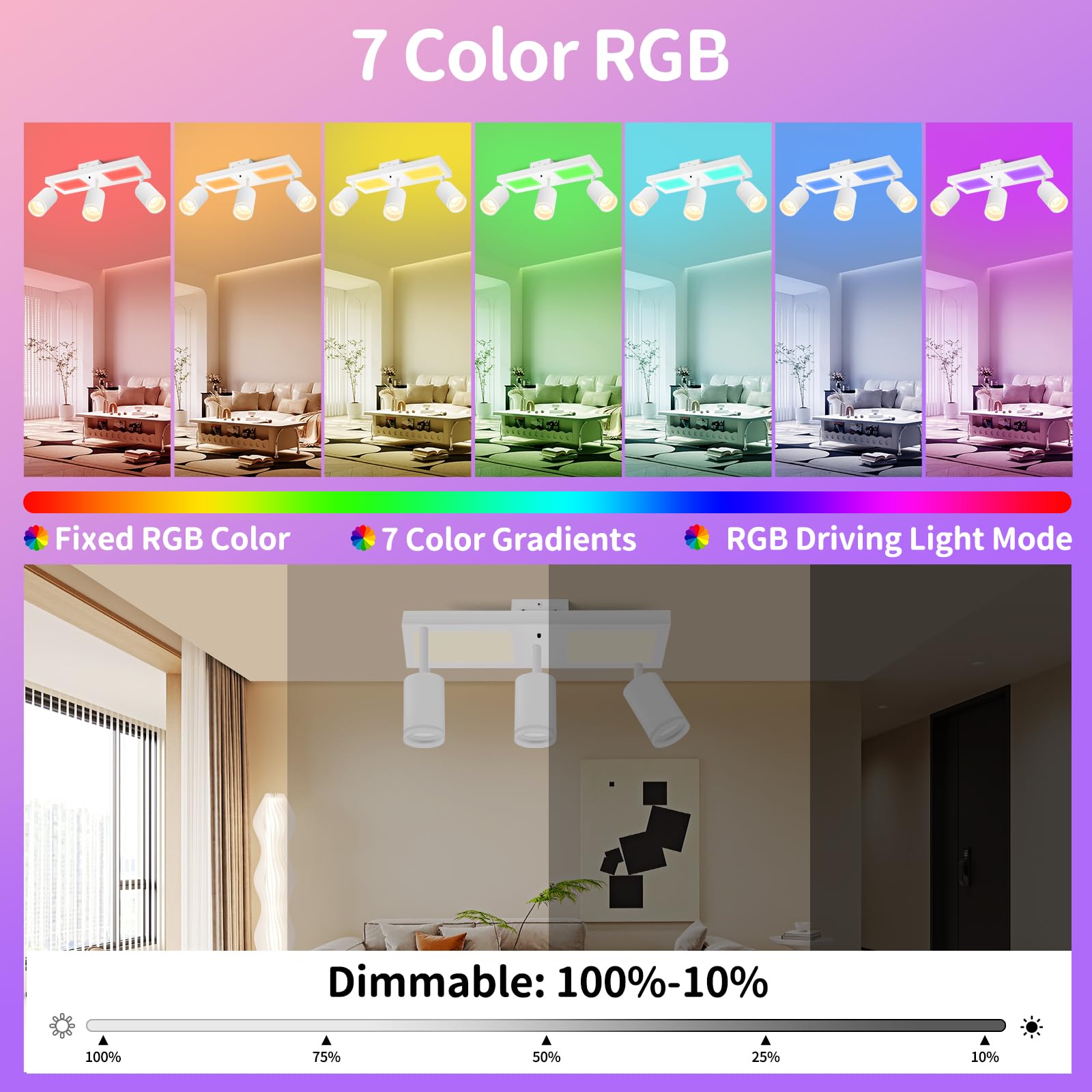 YindaLux LED Ceiling Light 3 Spots Dimmable with Remote Control, RGB 25W 2850LM Ceiling Spotlights GU10 Swivel - Image 3