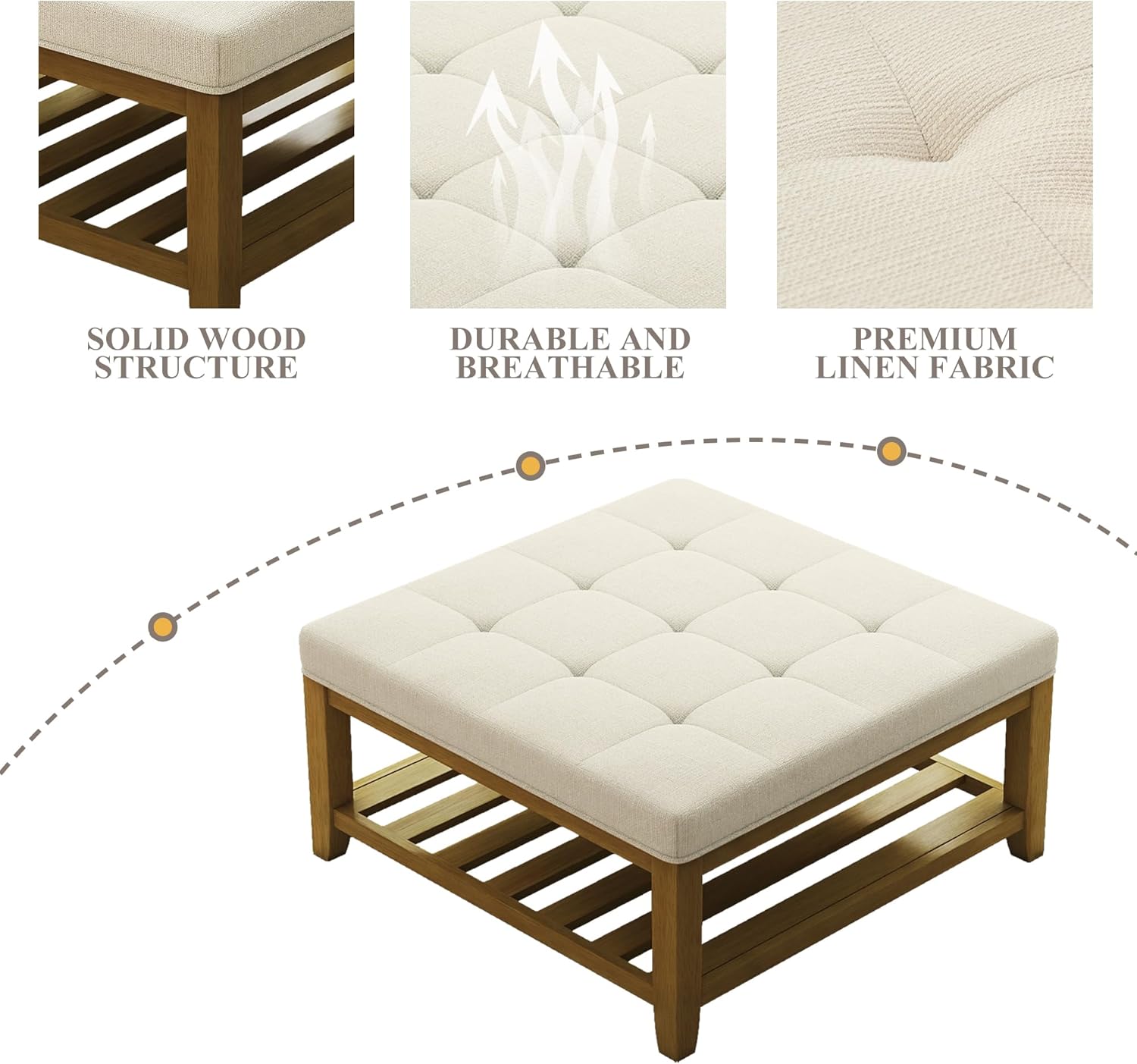 Large Square Ottoman Coffee Table, Linen Solid Upholstered Footrest Ottoman with Solid Wood Shelf Storage Tufted Coffee Table for Bedroom Living Room, Ivory