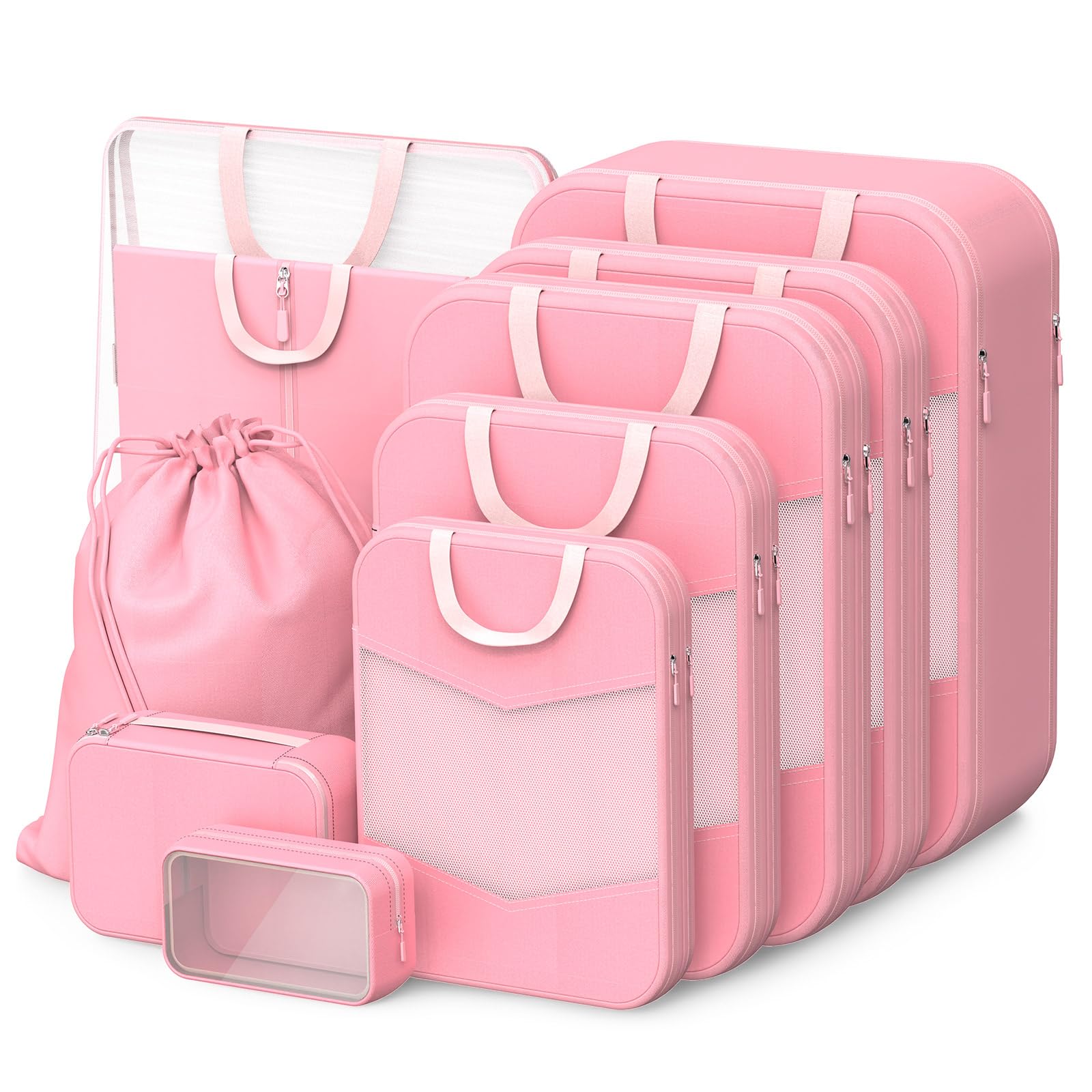 10-teilige Packing Cubes Compression Set, Kompressions-Aufbewahrungsset inkl.Wäschesack/Schuhbeutel/Unterwäschebeutel/Kordelzugbeutel/transparenter Kulturbeutel (Rosa Kompression 10 Pcs)
