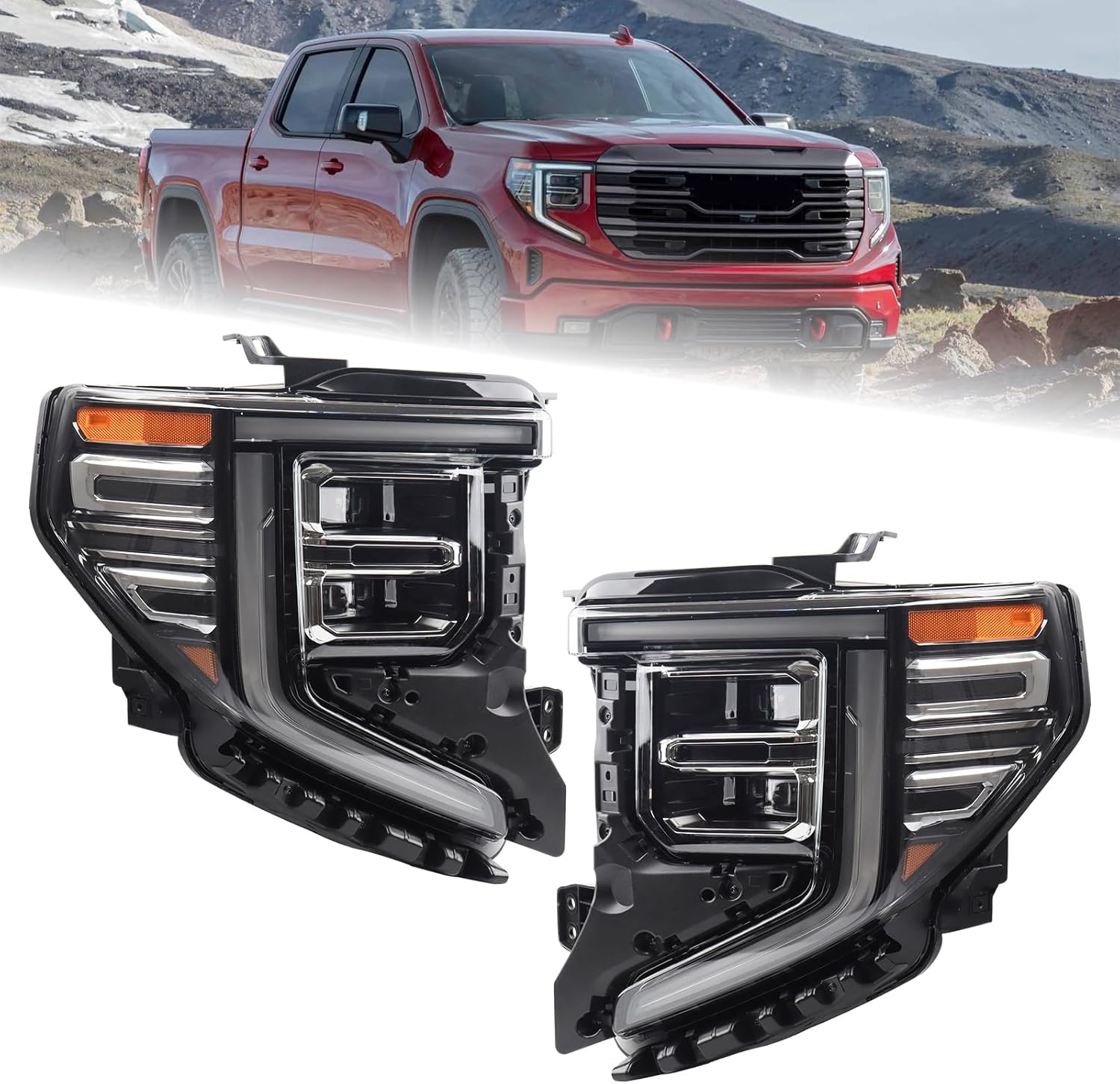 A Pair Chrome Trim LED Headlight Fit for 2022 2023 2024 GMC Sierra 1500 SLT/Denali Headlamp Assembly W/Module Left Driver and Right Passenger Side 85604120 86816590 85604119 86816589